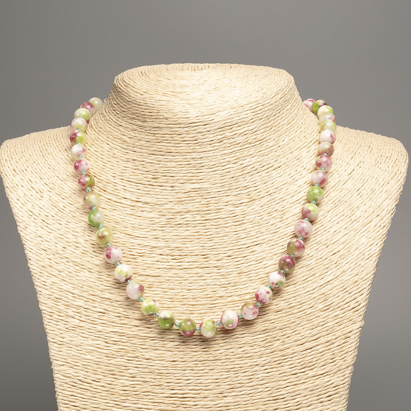 Necklace 'Colors of Summer' with white, pink, and green smooth beads, 8 mm diameter, 50 cm length, made of white jade (synthetic dyed)