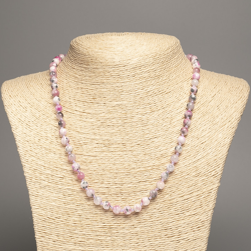 Necklace 'Colors of Summer' white-gray-pink smooth beads, 6 mm diameter, 50 cm length, made of white nephrite (synthetic-dyed)