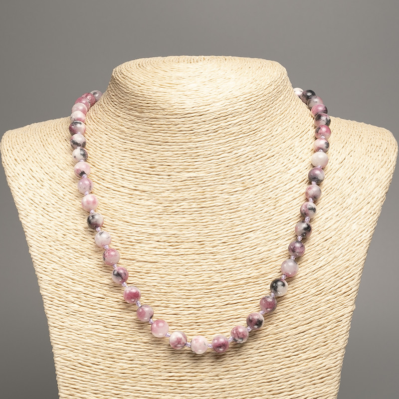 Necklace 'Colors of Summer' white-gray-pink smooth beads, 8 mm diameter, about 50 cm long, made of dyed synthetic white jade