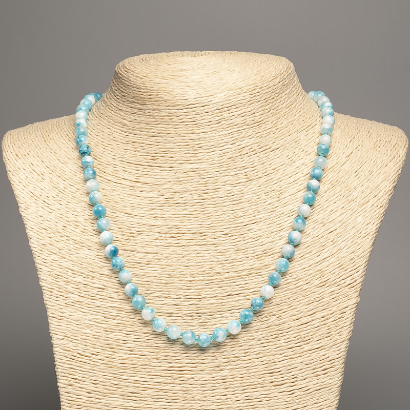 Necklace 'Colors of Summer' white-blue smooth beads, 6 mm diameter, 50 cm long, made of white nephrite (dyed synthetic)