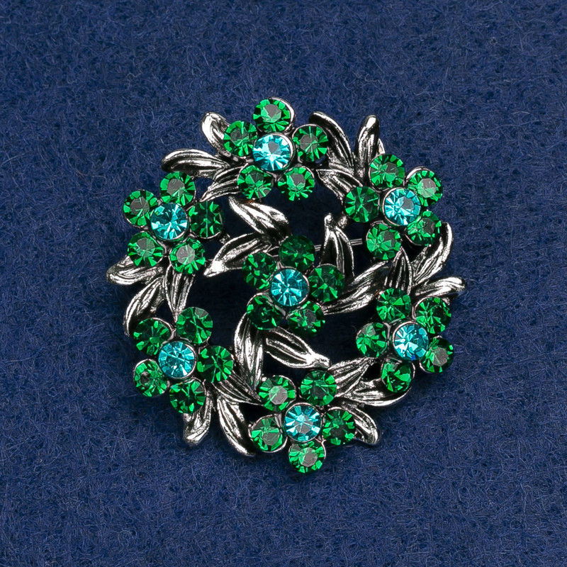 Brooch Flowers with Green Crystals, Dark Silver Metal 36x36 mm