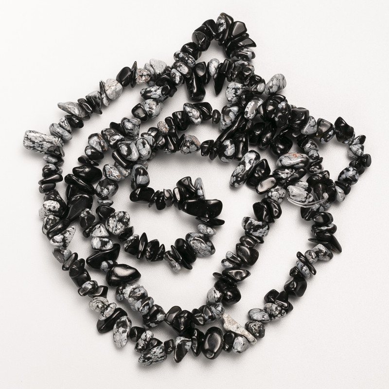 Snowflake Obsidian 'Apache Tears' Beads, natural stone chip on thread, diameter 9x4 mm, length 82 cm