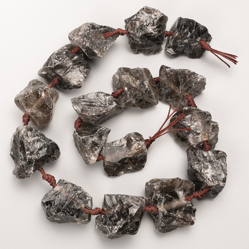 Smoky Quartz Beads, Unpolished Natural Stone, Faceted on Thread, Dia. 25–27 mm, Length 42 cm