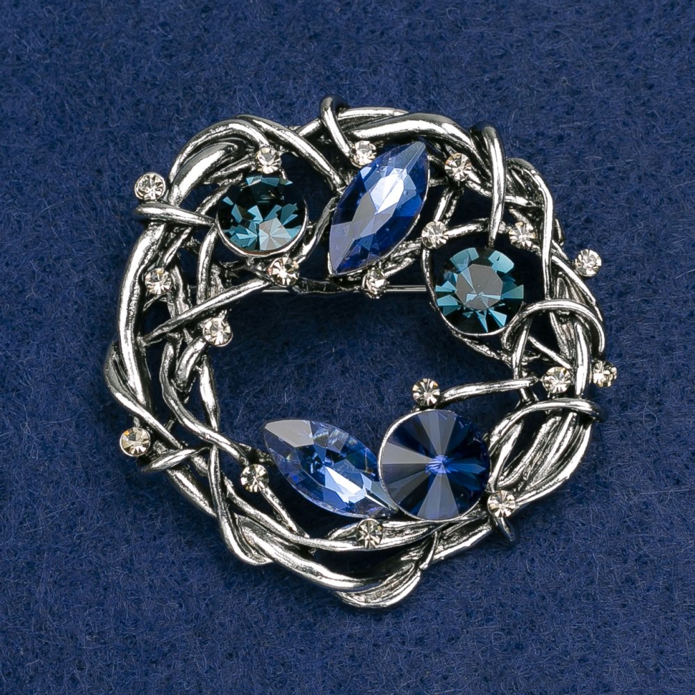 Accent Brooch with Blue and Green Crystals, White Rhinestones, Dark-Silver Metal, 47x47mm