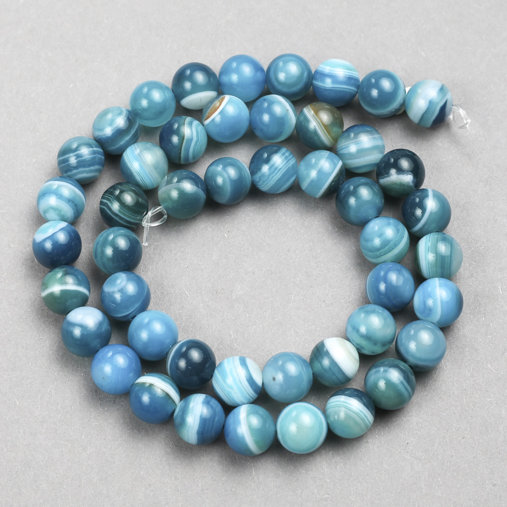 Blue Agate Beads, Smooth Round Bead on Thread, 8 mm Diameter ±, Length 38 cm ±