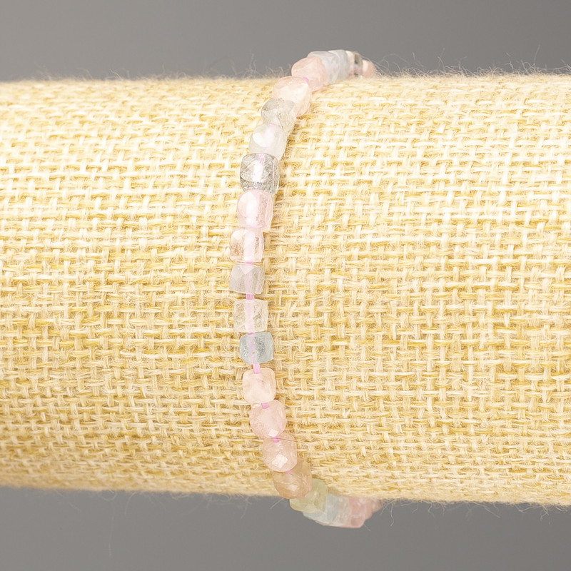 Morganite Bracelet, natural gemstone, faceted cube 4×4 mm, length 18 cm (stretch)