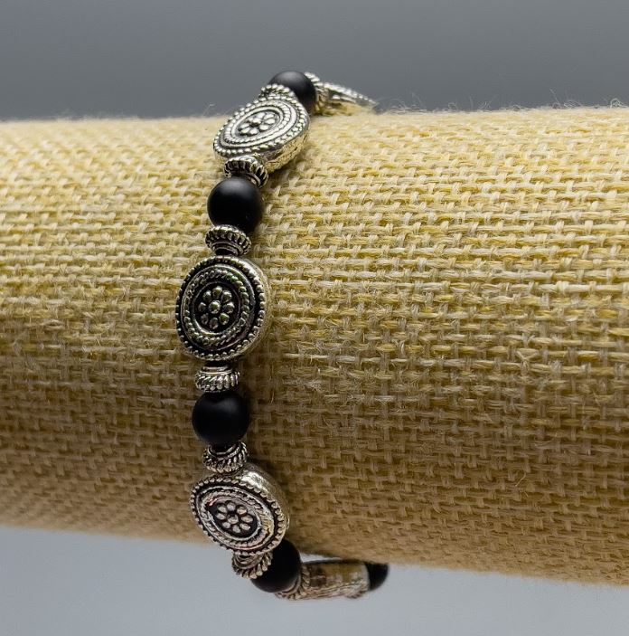 Matte Shungite Bracelet (single) Smooth beads, 6 mm diameter, 18 cm length (stretch) with silver-tone inserts, bead size 11x4 mm