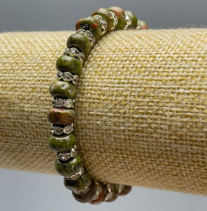 Jasper Heliotrope Bracelet - Natural Stone, Smooth Rondels, 8×5 mm diameter, 18 cm length (stretch) with White Rhinestones