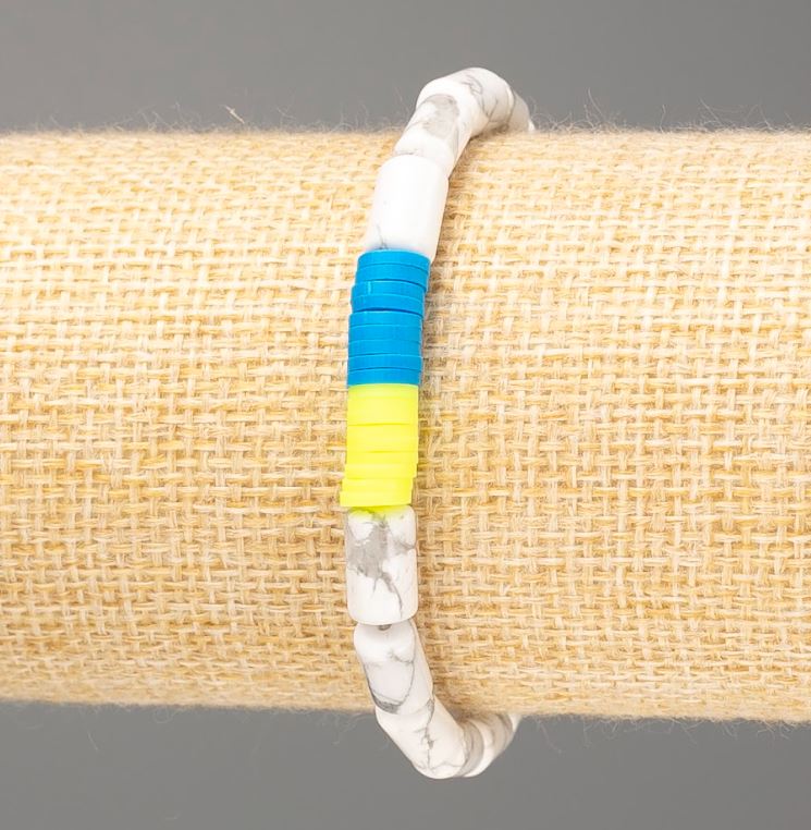 Bracelet 'Ukraine' Kaolin natural stone, cylindrical beads 10×6 mm ±, and polymer clay, length 18 cm (stretch)