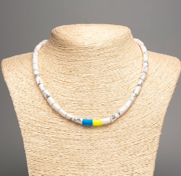 Necklace 'Ukraine' Chalcedony natural stone cylinders, diameter about 10×6 mm ± and polymer clay, length about 46 cm ± (stretch)
