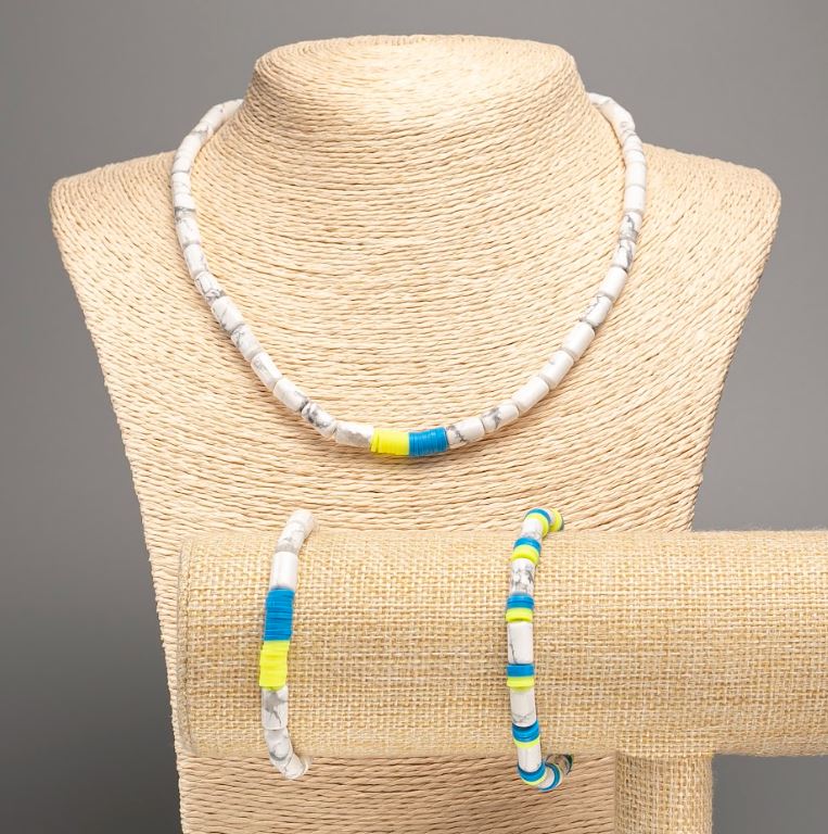Set 'Ukraine' Howlite natural stone cylinders, diameter 10×6 mm ±, and polymer clay, necklace length 46 cm ±, bracelet length 18 cm (stretch)