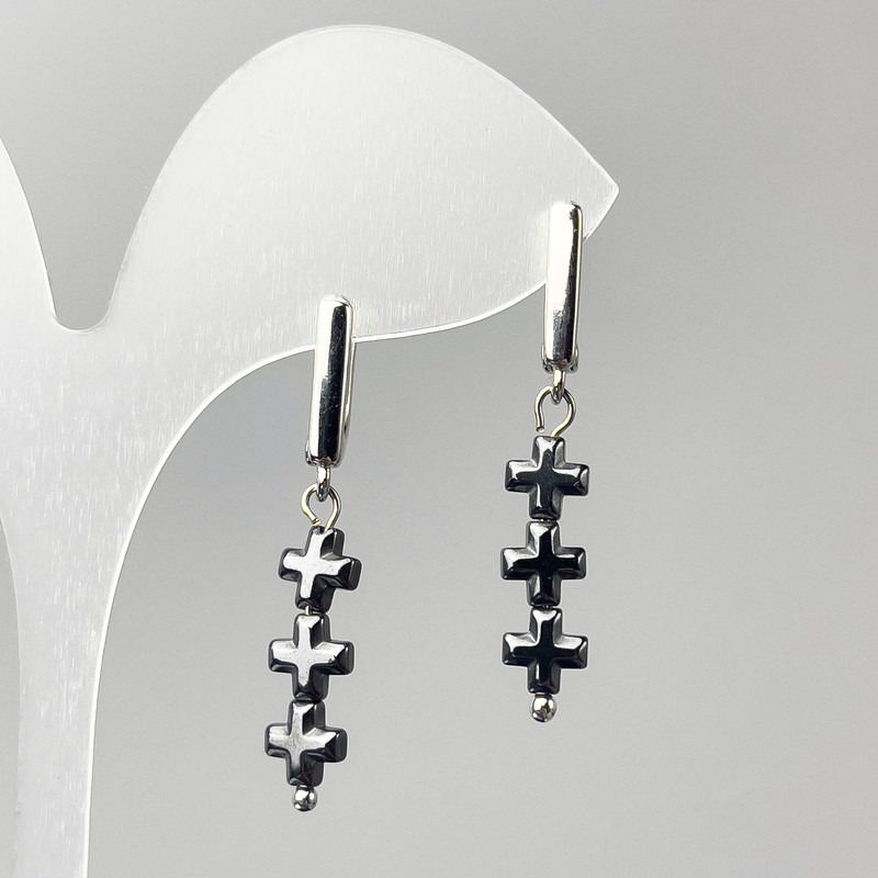 Hematite Cross Earrings, 6×20 mm diameter, about 40 mm long