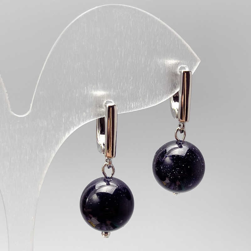 Earrings Aventurine 'Night of Cairo' - Smooth Ball, 12 mm diameter, 29 mm length