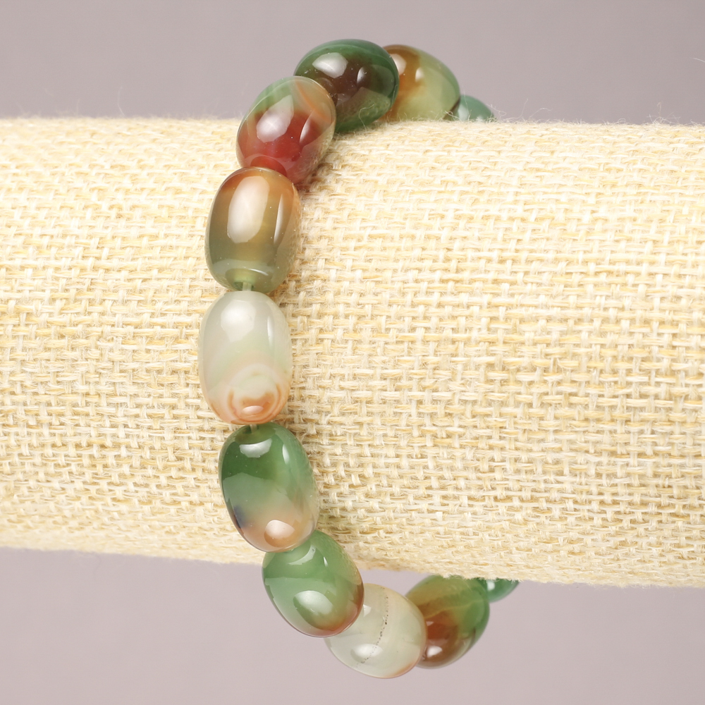 Elastic bracelet with natural Brazilian agate, smooth barrel beads, diameter 14×10 mm+