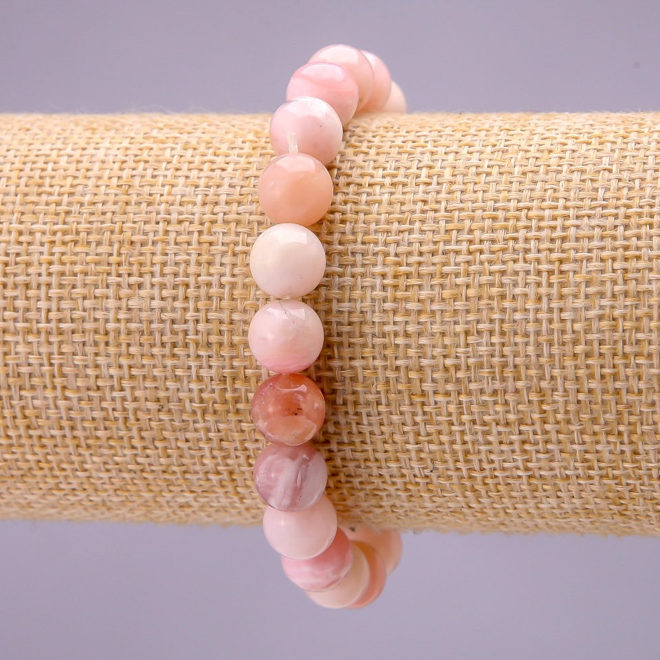 Natural Stone Pink Opal Bracelet with Smooth Beads, 8 mm Diameter, on Elastic, 18 cm Long