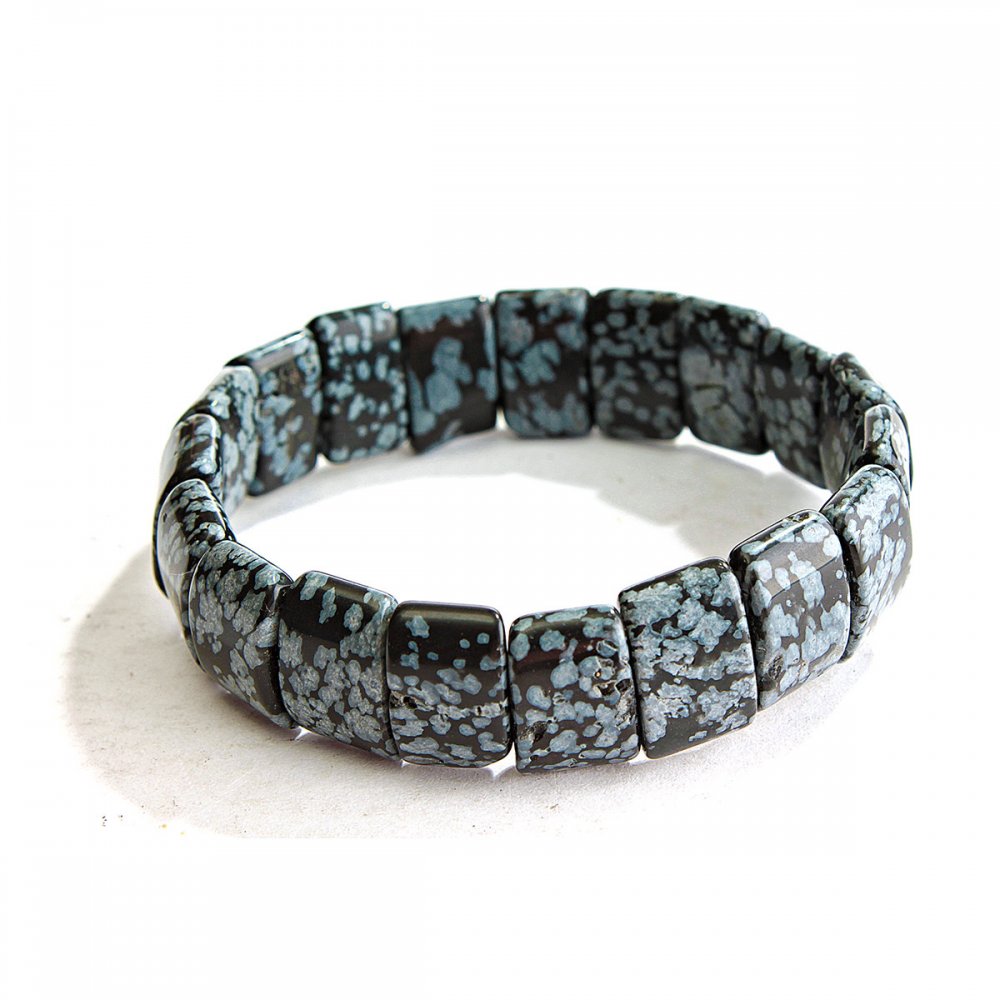 Elastic bracelet with black and white Snow Obsidian 'Apache Tears' rectangular stones 11x15 mm (±)