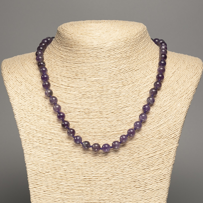 Natural amethyst gemstone necklace, smooth beads, 8mm diameter, length 46 cm