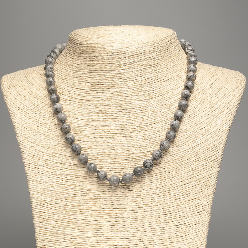 Gray Imitation Ocean Jasper Necklace, 8mm Smooth Beads, 48cm