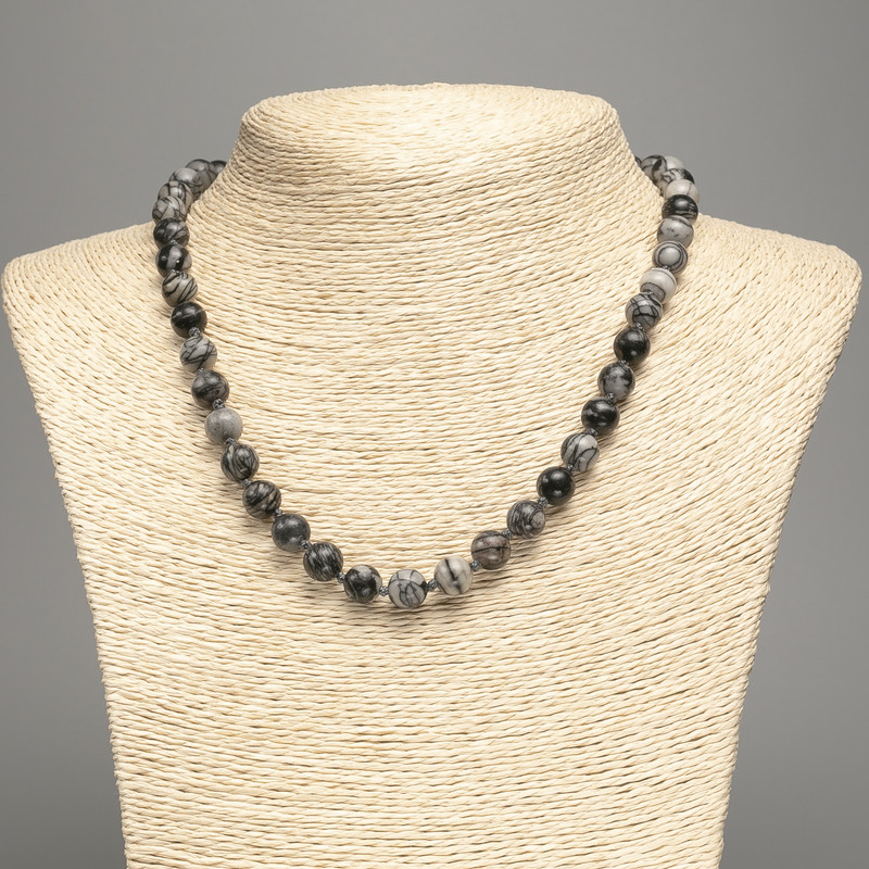 Necklace Picasso Gray Jasper (artificial acrylic) smooth beads, 8.5 mm diameter, 48 cm length