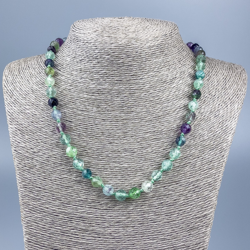 Fluorite natural stone necklace, faceted bead, 8mm diameter, 50cm length