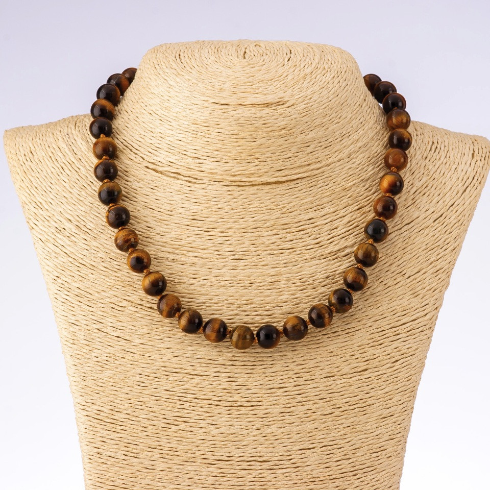Tiger's Eye natural stone necklace - smooth beads, 45 cm length, 10 mm diameter