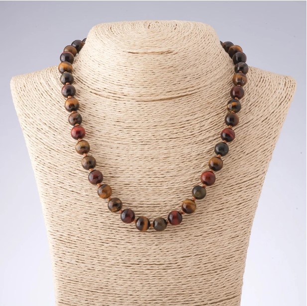 Beaded necklace of Tiger's Eye, Bull's Eye, and Hawk's Eye – smooth beads, 8 mm diameter, 48 cm length