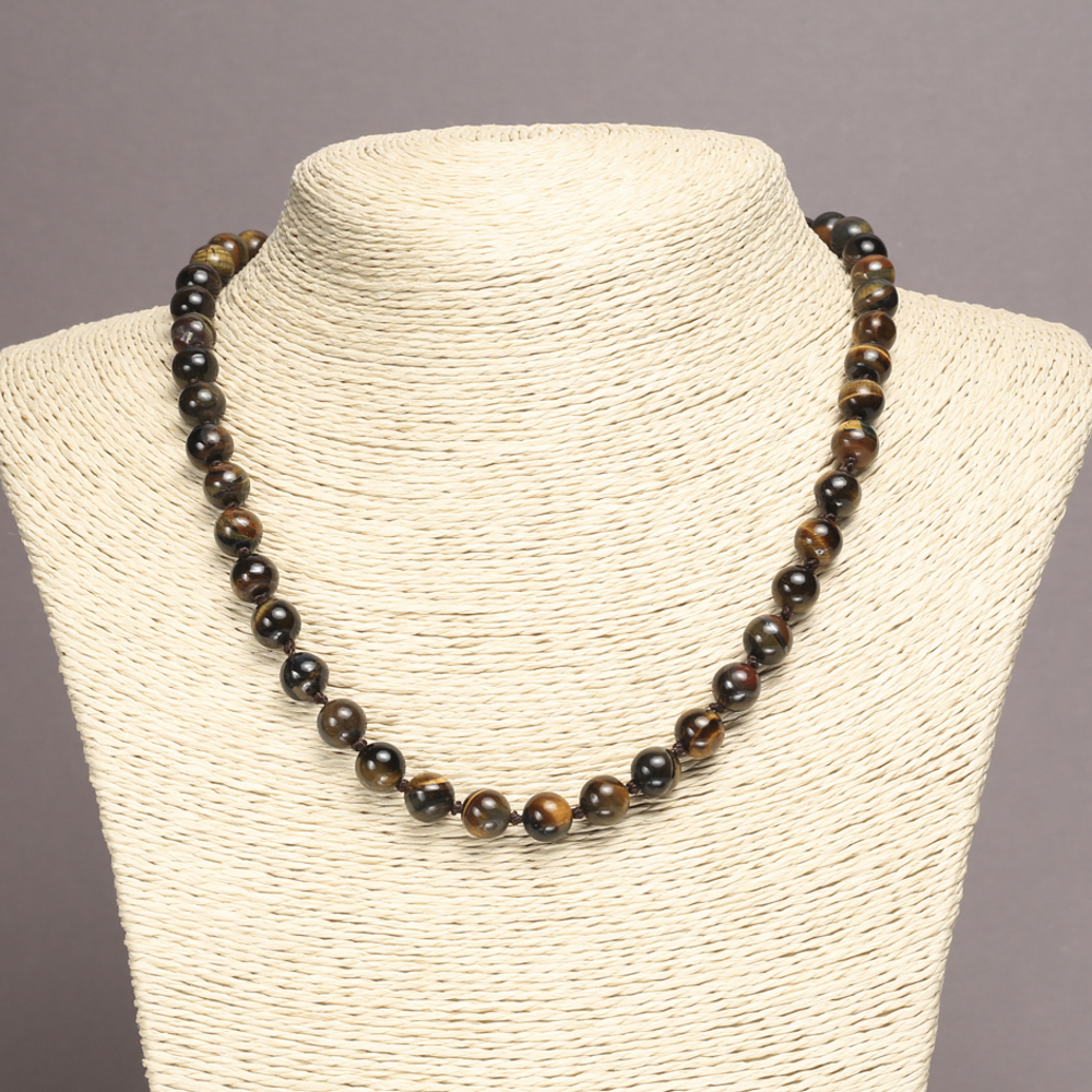 Natural hawk's eye stone necklace with smooth 8 mm beads, length 45 cm