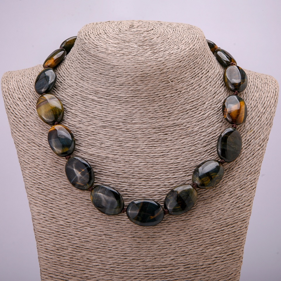 Hawk's Eye Natural Stone Necklace, Oval 25×18 mm, Length 45 cm +