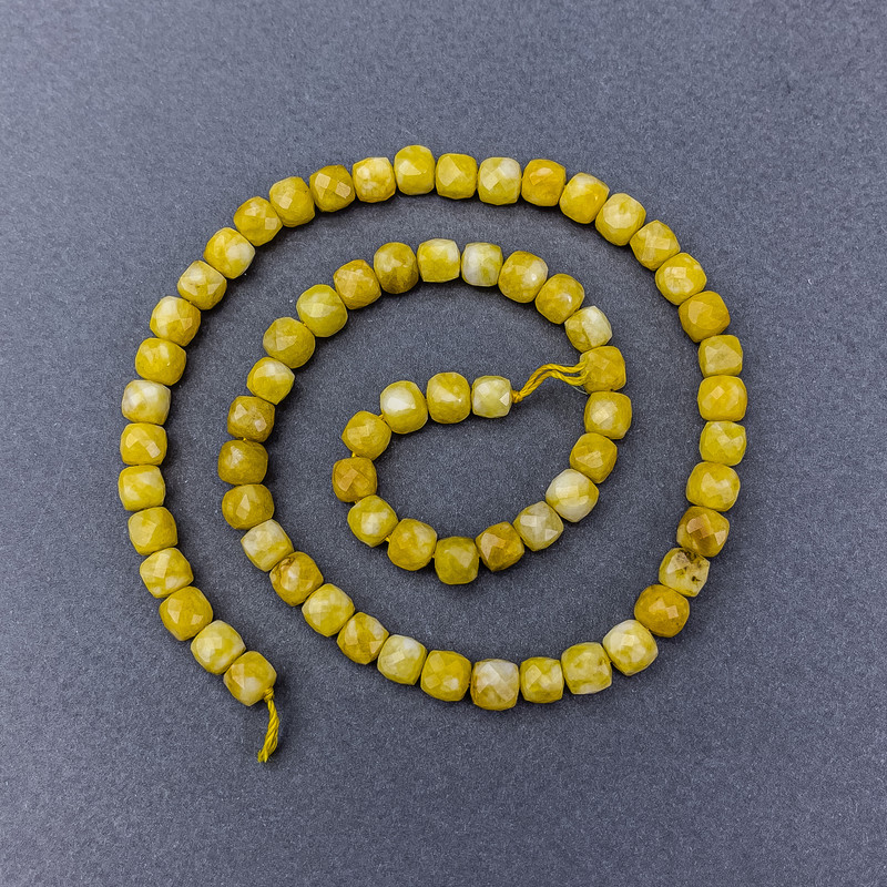 Yellow Jadeite Beads, Natural Stone, Faceted Cubes, On Thread, 5mm Diameter ±, 37cm Length ±