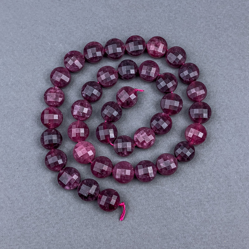 Rubellite Tourmaline Beads, Natural Stone, Faceted Coin Beads, Diameter 10x7 mm, On Thread, Length 37 cm+