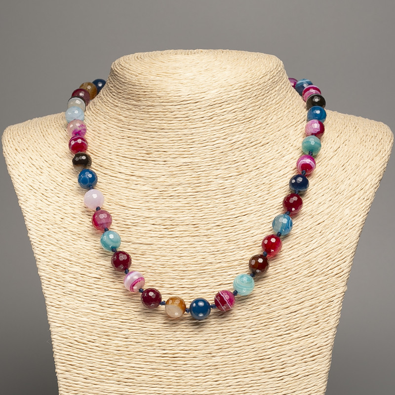 Multicolored agate natural stone necklace with a 10 mm faceted bead, 50 cm length +