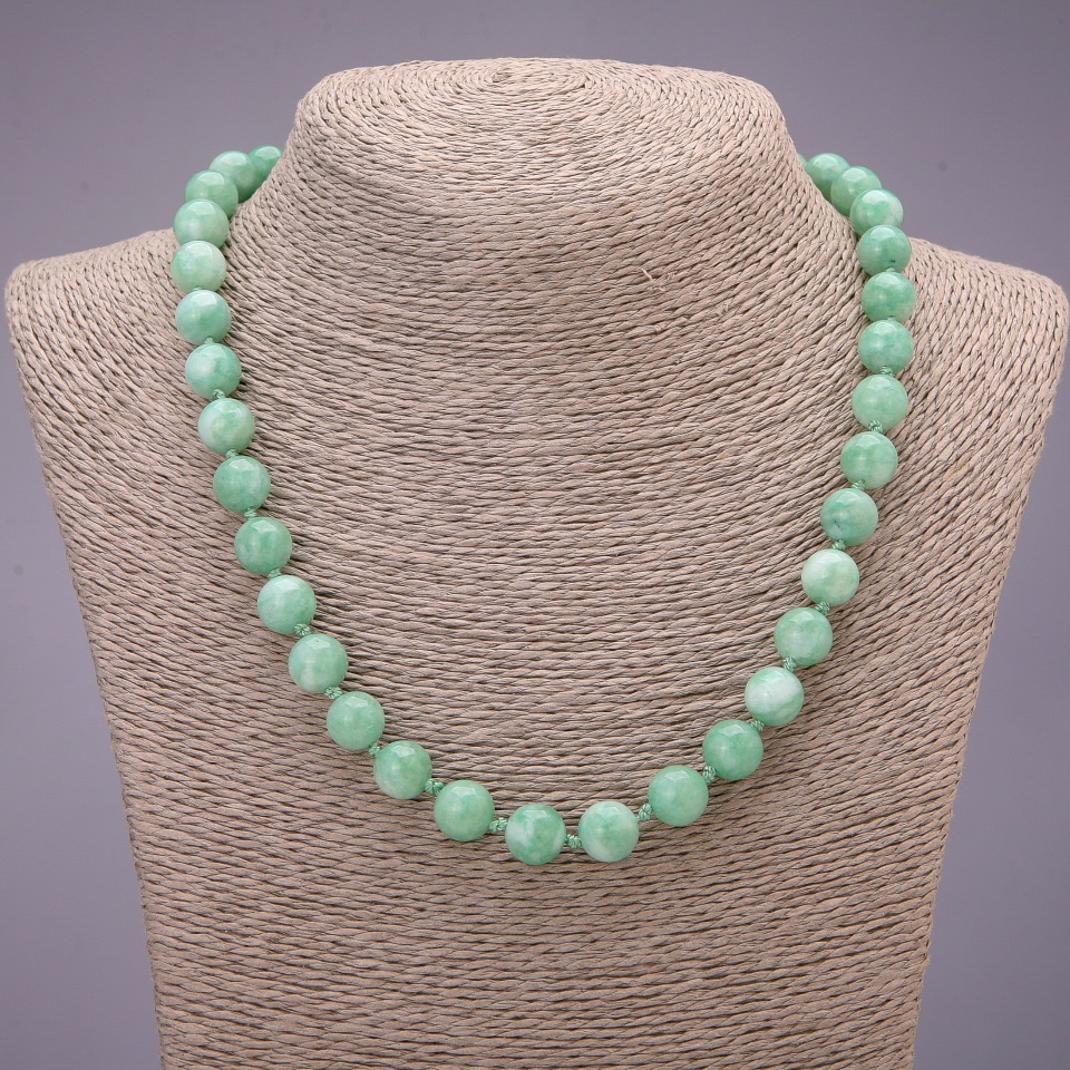 Bead necklace of natural stone Burmese Jadeite, smooth beads, diameter 10 mm, length 45 cm