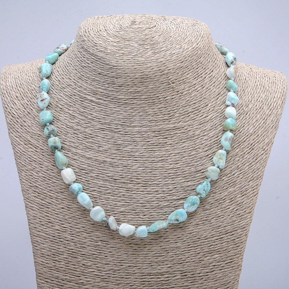 Larimar natural stone necklace, tumbled beads, 6x10 mm diameter, 45 cm length +