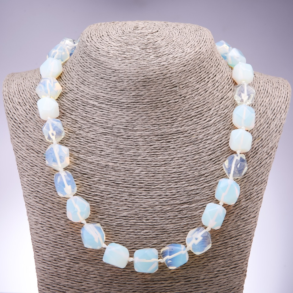 Moonstone Necklace (Synthetic) with Polygonal Faceted Beads, 13x15 mm Diameter, 50 cm Length