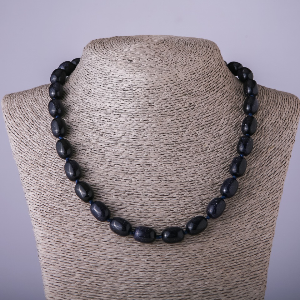 Aventurine Stone Necklace 'Blue Sand' Cairo Night 'Barrel', bead size 10×14 mm, length 47 cm