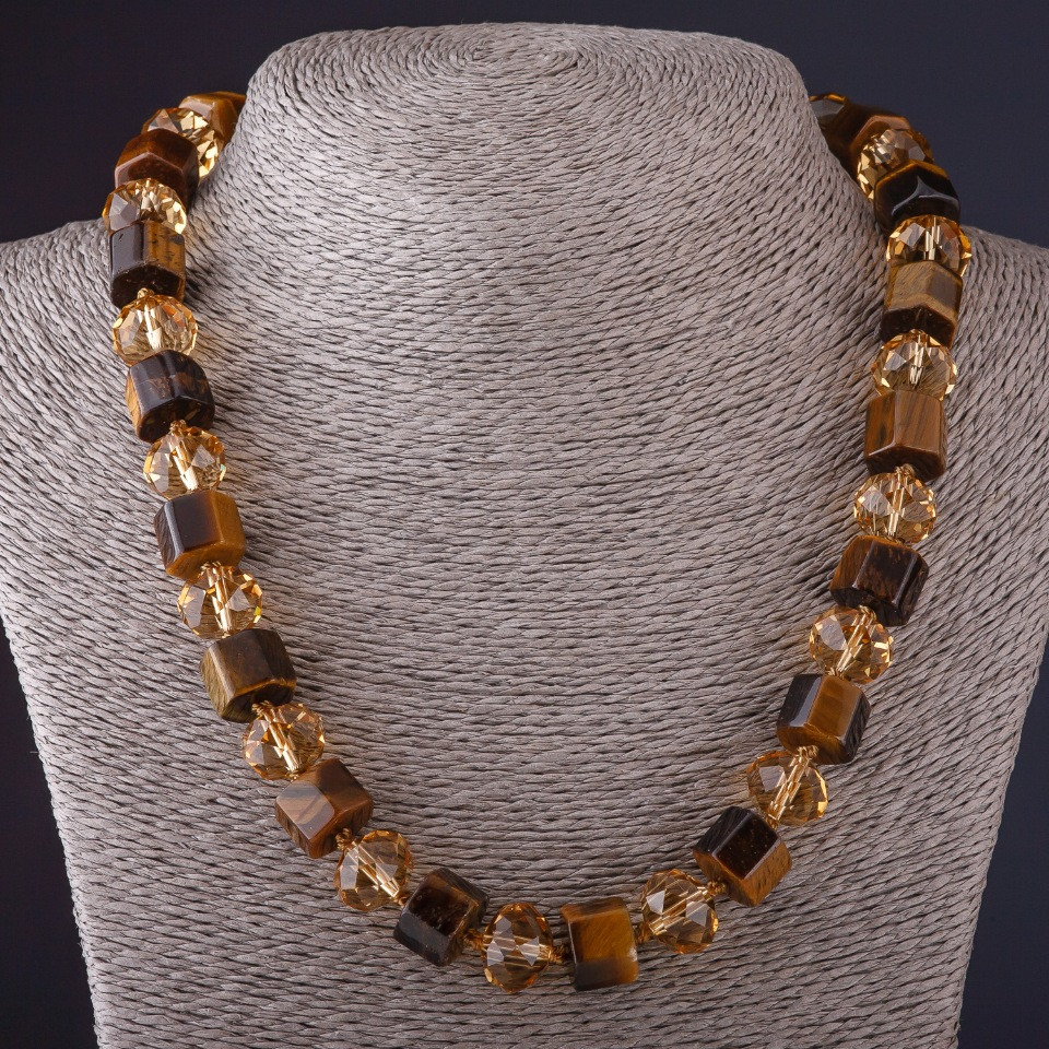 Bead Necklace, Hexagonal Tiger's Eye Stone, "Czech Crystal" L48 cm, diameter 13 mm