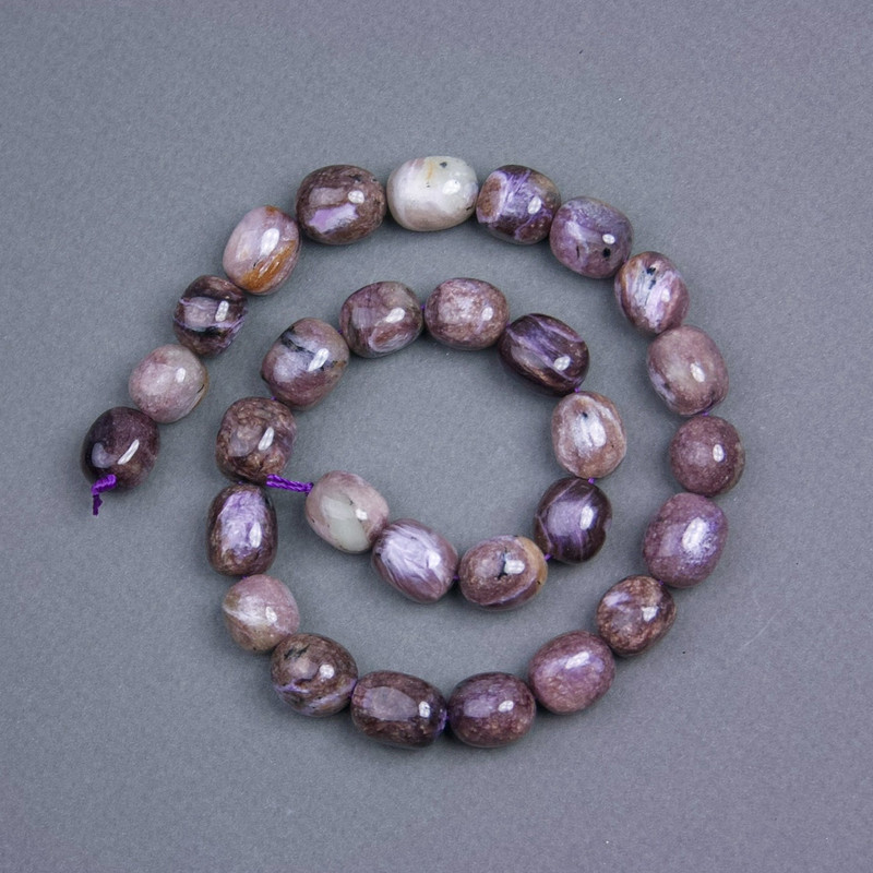 Charoite beads, natural stone, barrel shape, diameter 14×11 mm, on thread, length 40 cm+