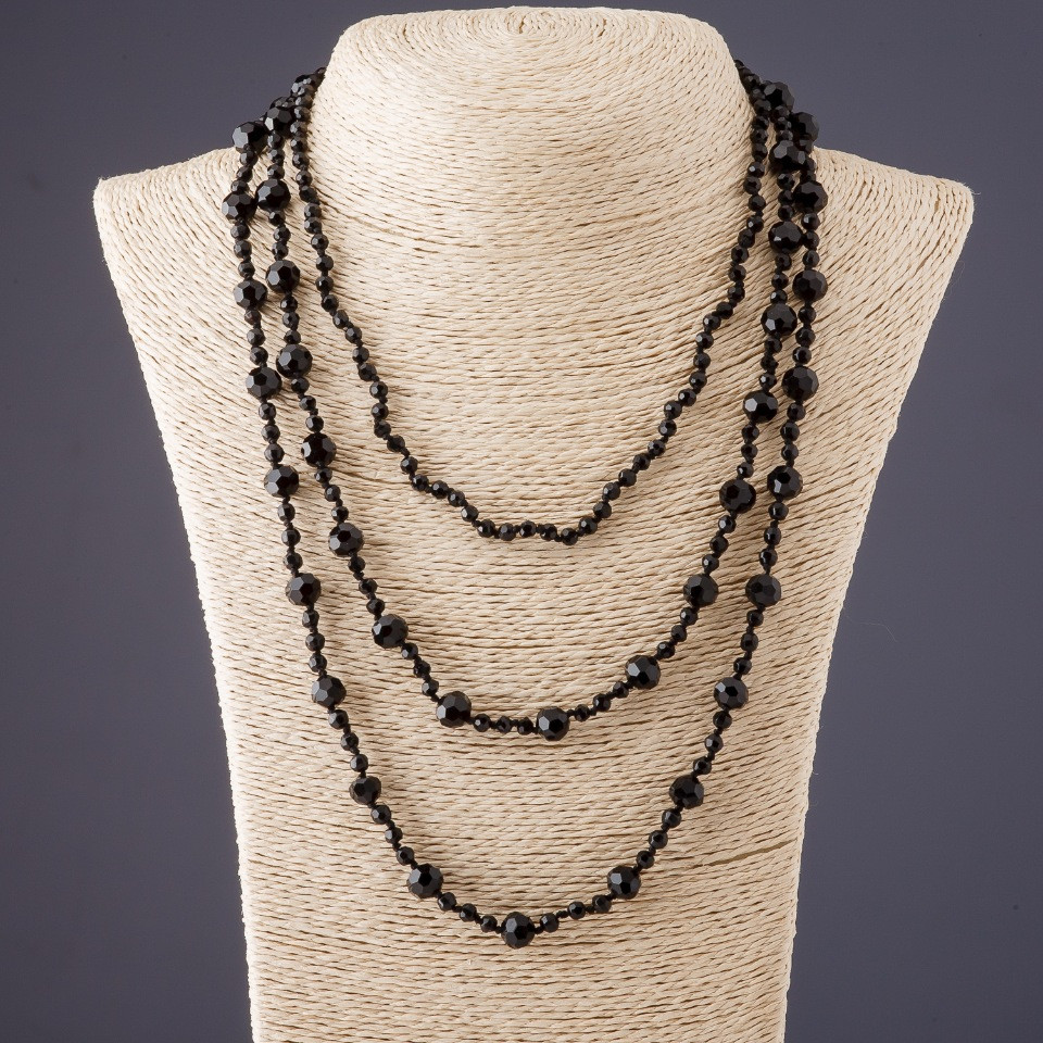 Three-Tier Necklace 'Agate' (Artificial) Czech Glass Black Faceted Beads 4-8mm
