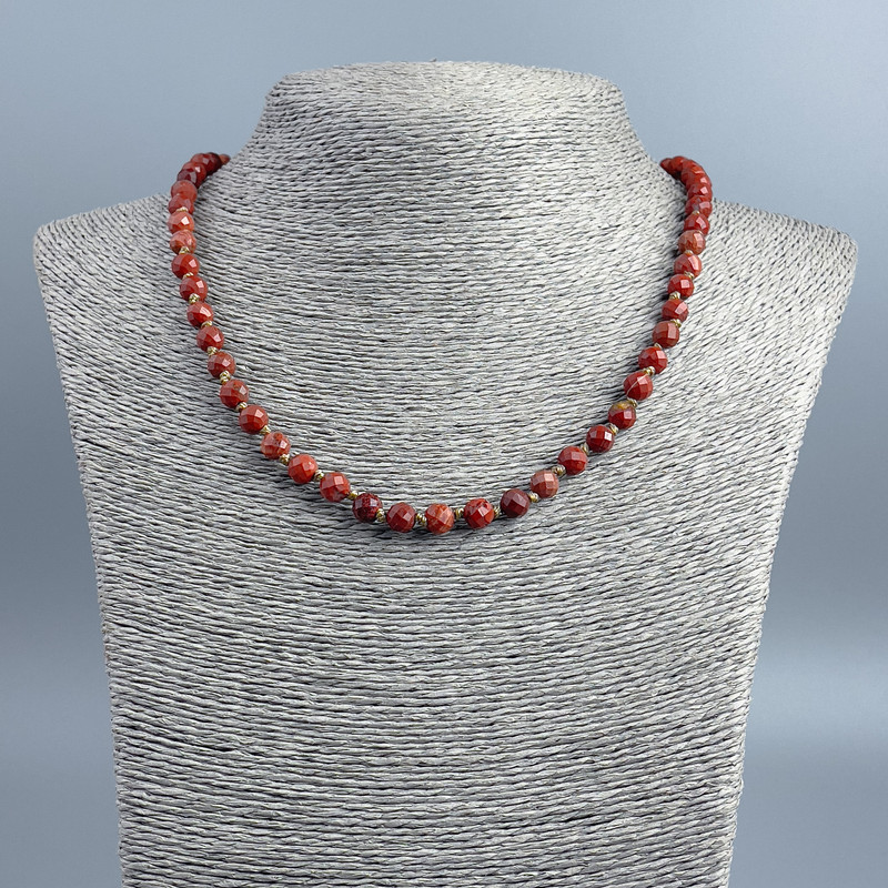 Red Jasper Bead Necklace with a Faceted Round Bead, 6± mm diameter, 48 cm length