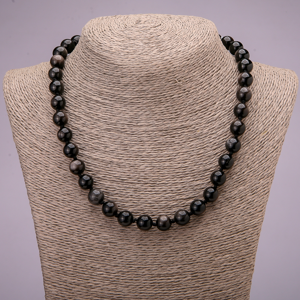 Bead Necklace of Natural Stone, Silver Obsidian, Smooth Beads, Diameter 10 mm (+/-), Length 45 cm