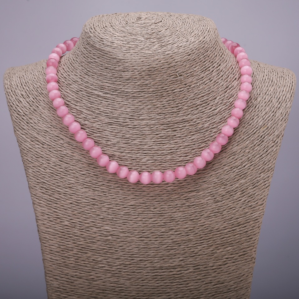 Pink Cat's-Eye Bead Necklace with Smooth Beads, 8 mm Diameter, 42 cm Length