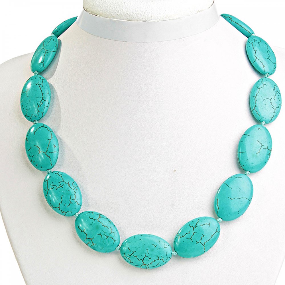 Necklace with Green Turquoise, Oval 20×30 mm, Length 49 cm