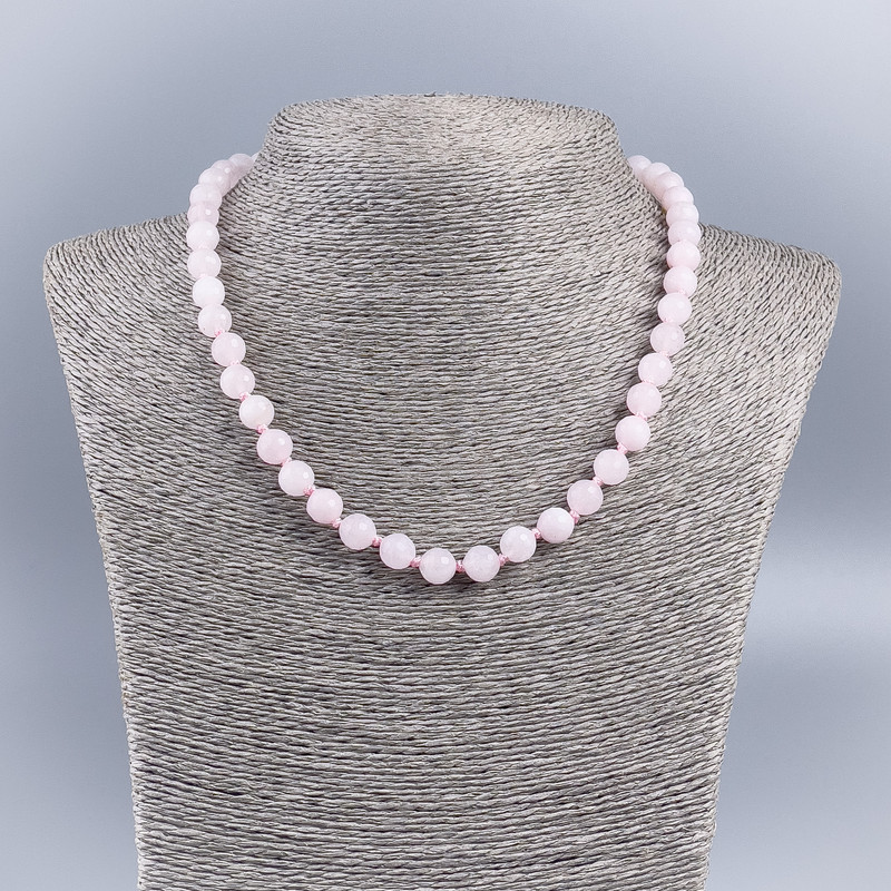 Natural Stone Necklace Pink Quartz, Faceted Opaque Beads, Diameter 8mm, Length 48cm