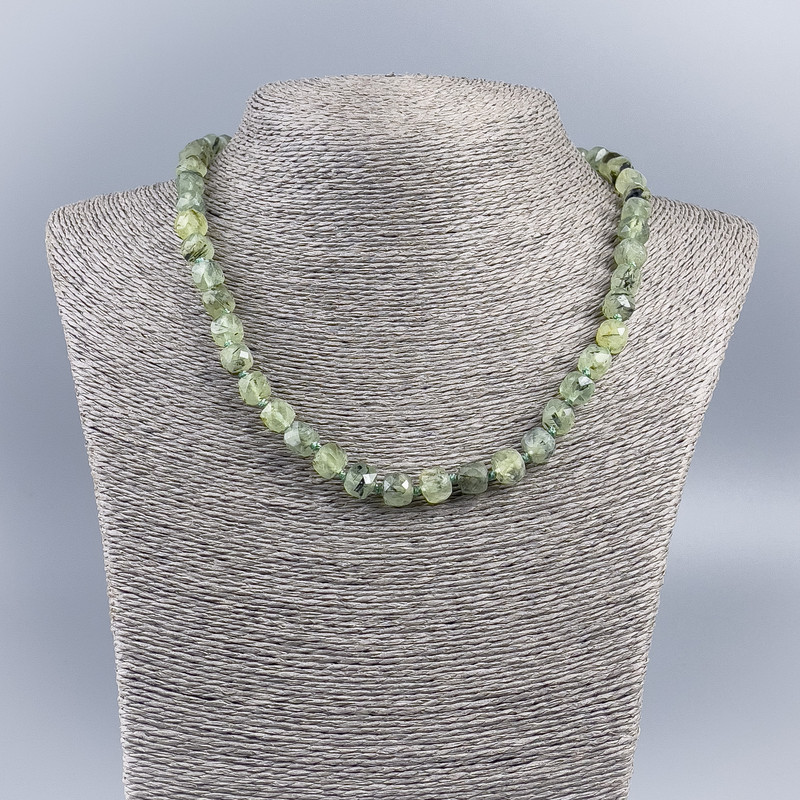 Prehnite Necklace with Natural Stone, Faceted Cubes, 8 mm Diameter, 48 cm Length
