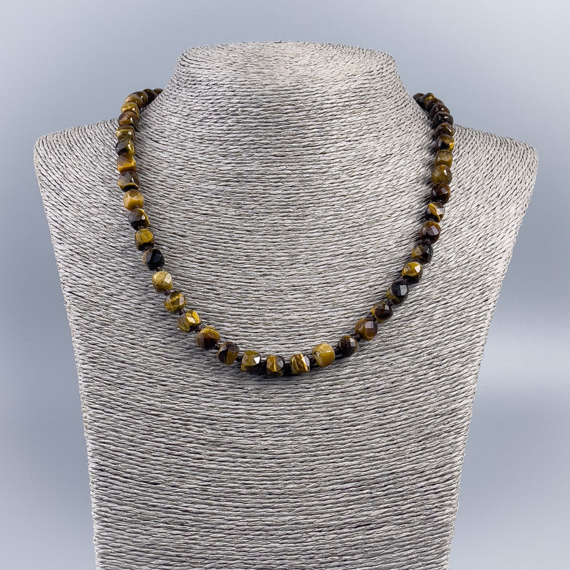 Natural Stone Tiger's Eye Necklace — Faceted Cube Beads, 7 mm Diameter, 48 cm Length