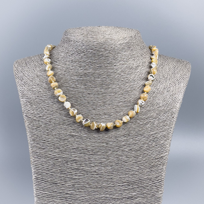 Latte-toned natural mother-of-pearl necklace with rounded faceted beads, 8mm diameter, 48cm long