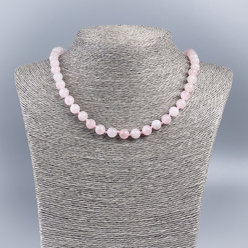 Rose Quartz Natural Stone Necklace with Smooth Beads, 8-9 mm diameter, 50 cm long