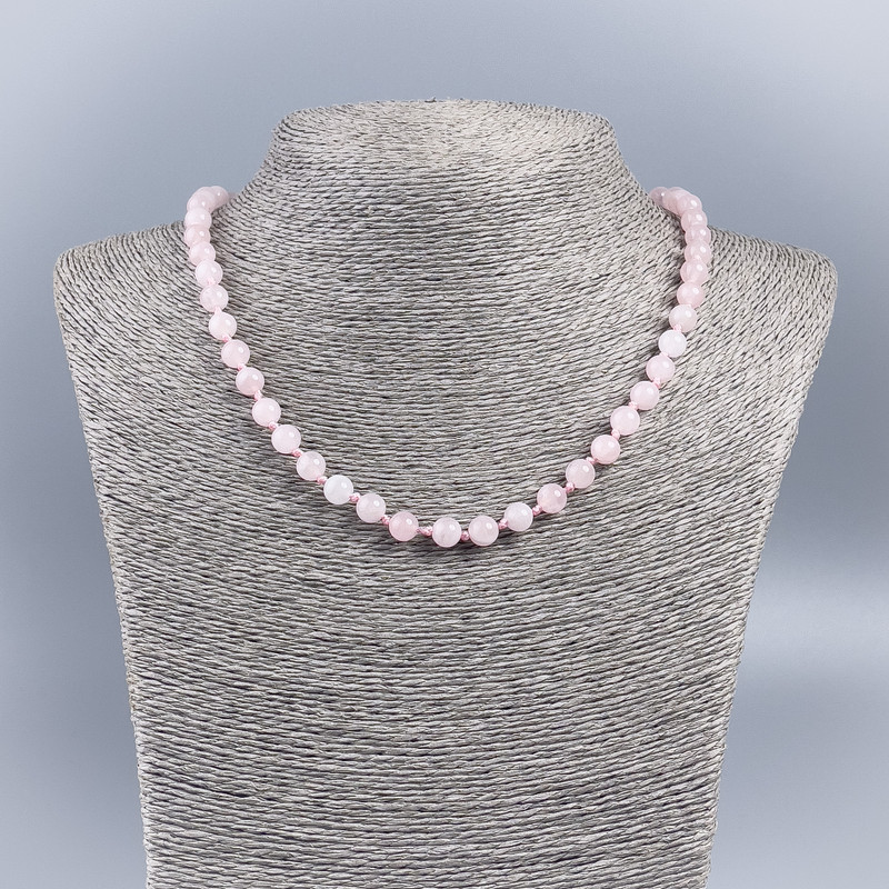 Natural Stone Necklace Pink Quartz — Smooth Beads, 6-7 mm Diameter, 50 cm Length