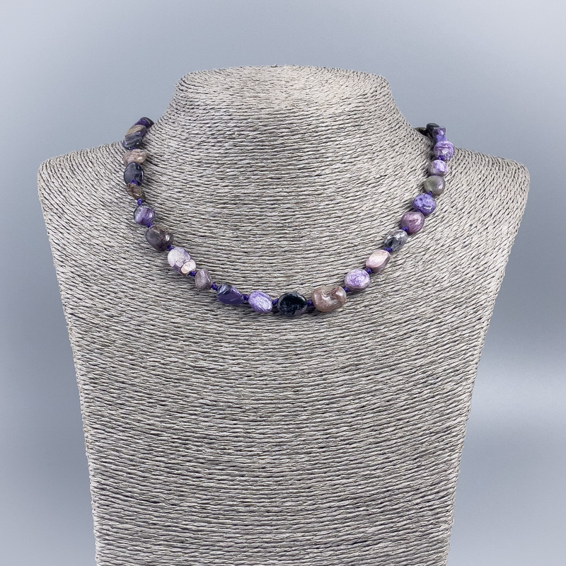 Charoite natural stone necklace, faceted beads, bead diameter 10x12 mm, length 48 cm