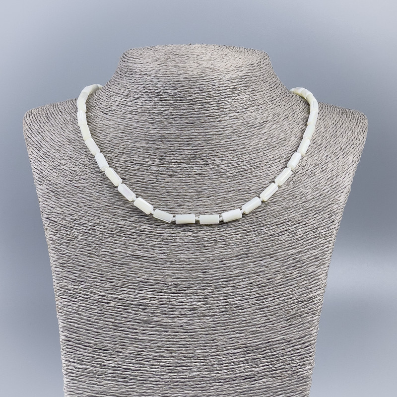 Necklace with natural white mother-of-pearl cylinder beads, 5x10 mm, 50 cm length